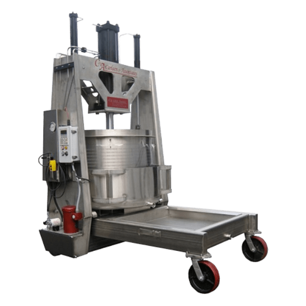 Carlsen Basket Press Introducing the Carlsen Basket Press, an industrial-grade grape crusher and wine press machinery on wheels. It boasts a large metal drum and a variety of attachments specifically designed for processing grapes efficiently. The equipment is equipped with a user-friendly control panel featuring different buttons and switches located on the side for easy operation, while a convenient collection tray is positioned at the bottom to gather processed materials.